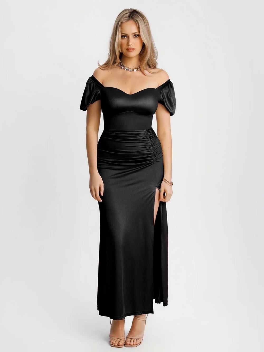 Popilush Ruched Maxi Dress in Black Size Large Like New